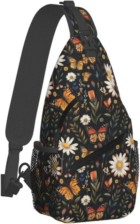 SUPLUCHOM Sling Bag Vintage Butterfly Daisy Leaf Hiking Daypack Crossbody Shoulder Backpack Travel Chest Pack for Men Women