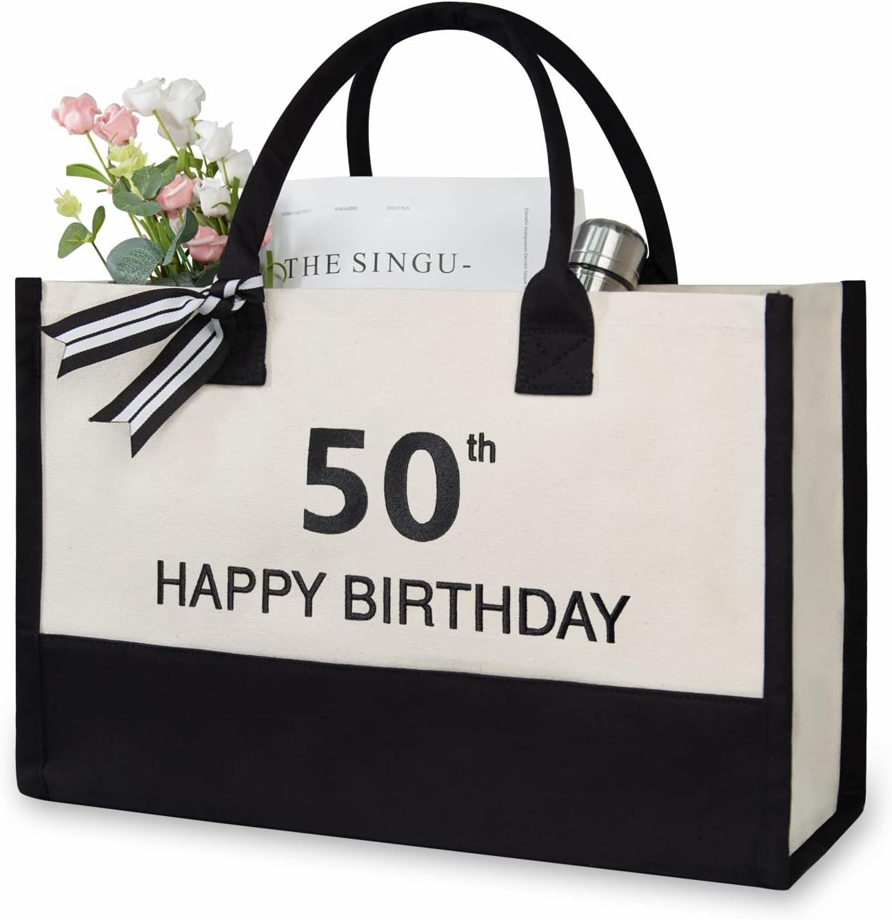 TOPDesign Embroidery Canvas Tote Bag for Women, 50th Birthday Gifts for Her, Wife, Mom, Sister, Daughter, Aunt, Best Friend, Coworker, Turning 50 Years Old Present, Personalized Bag for Beach, Holiday