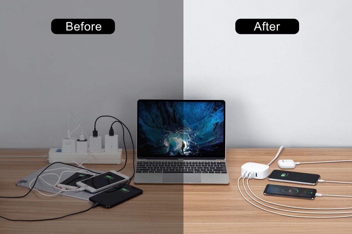USB Charging Station 4 Port - BULL USB Charger Block Multiple, Wall Charger Cable White 6ft Charging Hub for Multiple Devices (ULlisted)