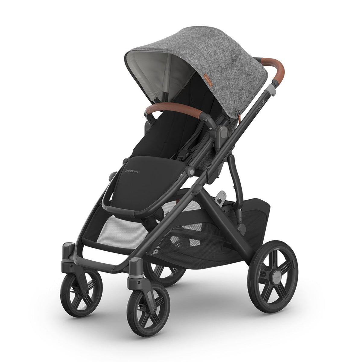 UPPAbaby Vista V3 Stroller - Full-Size Single-to-Double Stroller System - Toddler Seat, Bug Shield, Rain Shield, and Storage Bag Included - Greyson (Charcoal Mélange/Carbon Frame/Saddle Leather)