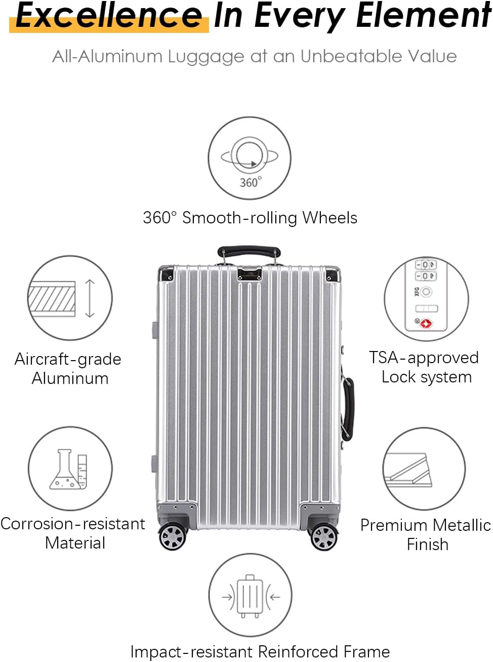 HotWay 28 Inch All Aluminum Checked in Luggage with Leather Handle, Hard Shell Zipperless Suitcase with TSA Locks and Spinner Wheels, Large Luggage for Business Travel, Blue