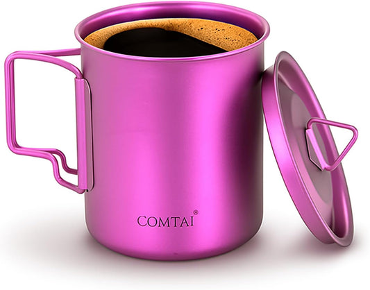 Titanium Camping Pot Mug 15oz (420ml) with Lid and Foldable Handle – Ultralight Camping Cup for Hiking, Backpacking, Outdoor Cooking, Purple