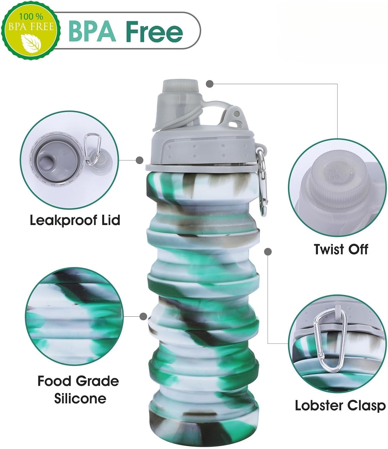 Rainbow Collapsible Water Bottles for Kids, Students, Adults, Reusable BPA Free Silicone Foldable Sports Water Bottles for Travel Camping Hiking, Folding Travel Water Bottles, Gary & Green