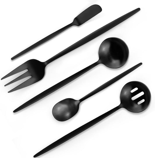 Matte Black Serving Silverware Set, 5-Piece Round Shared Utensils Set of Stainless Steel, Hostess Flatware Serving Set, Satin Finish, Dishwasher Safe