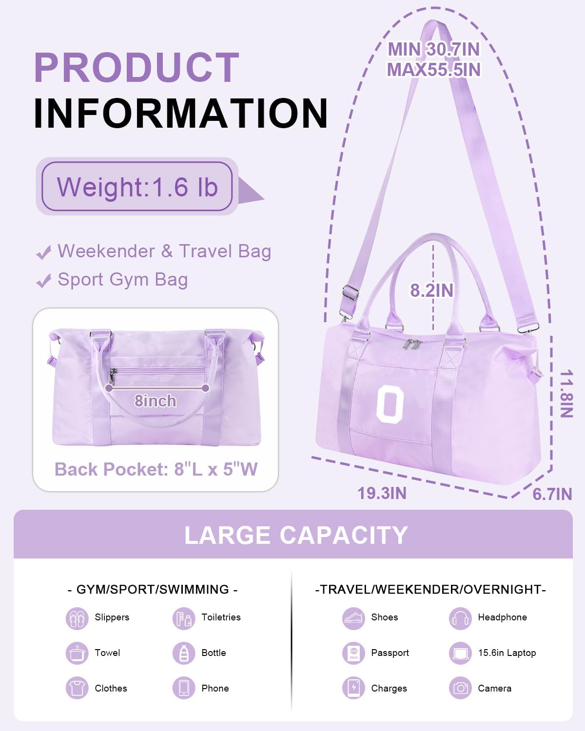 Daughter Niece Gifts for Teen Girl Kids, Initial Travel Duffel Bag Sports Gym Bag Personalized Gifts Weekender Bag，Monogram Overnight Bag Cute Dance Bag Birthday Bridesmaid Gifts for Women(Purple, O)