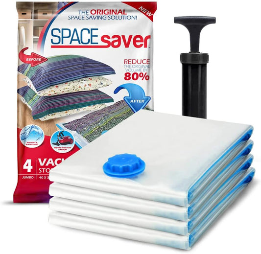 4 Pack Jumbo Vacuum Storage Bags for Comforters, Blankets & Clothes – Jumbo Vacuum Sealed Compression Bags with Hand Pump – Space Saver Storage Bags for Bedding, Moving, Travel & Organization