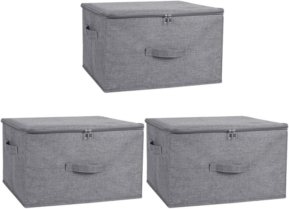 ANMINY 3PCS Storage Bins with Zipper Lids 36 Qt Lidded Fabric Storage Boxes Baskets Cubes with Handles Collapsible Washable Cotton Linen Closet Shelf Clothes Organizer Containers - Gray, Large