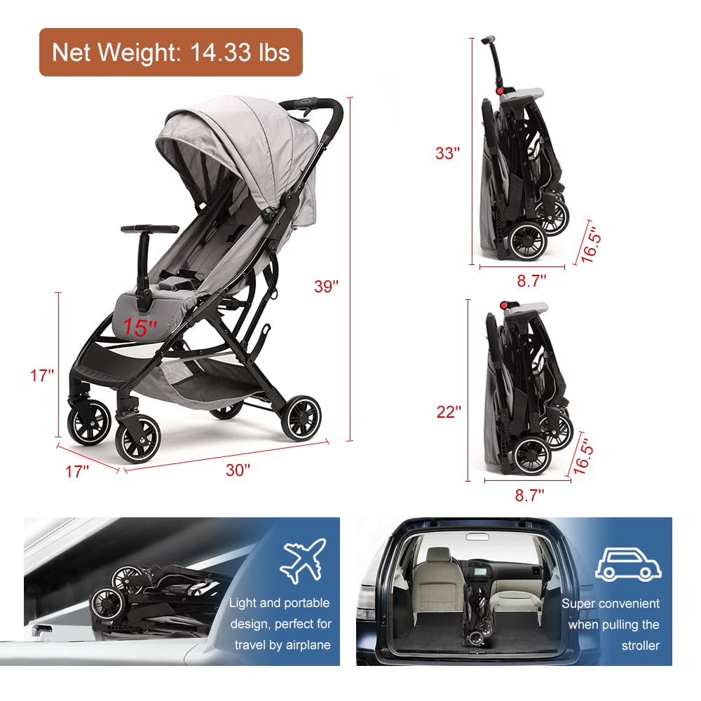 COOL KIDS Portable Stroller with Automatic Fold，Lightweight Umbrella Stroller with Pop Out Sun Canopy for Travel(Gray)