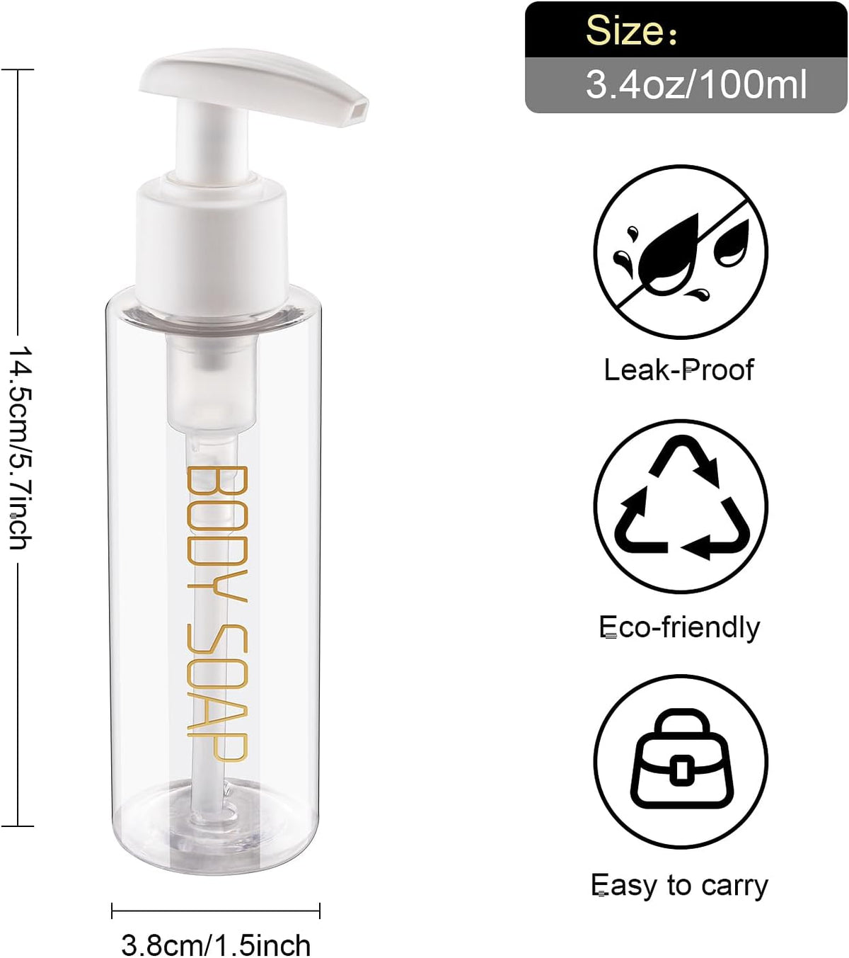 Travel Bottles Plastic Pump Bottle Dispenser Tsa Approved 3.4oz/100ml 4 Pack Refillable Shampoo and Conditioner Empty Travel Size for Cosmetic, Lotion, Liquid Soap (Clear)