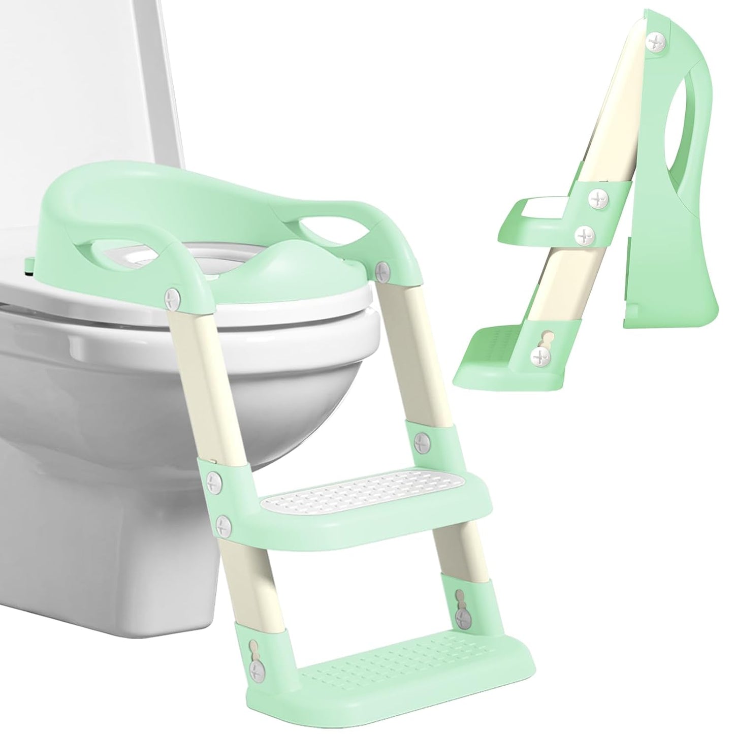 Potty Training Seat with Step Stool Ladder, Adjustable Foldable Potty Seat for Toilet with Anti-Slip Pads Ladder for Kids Boys Girls Toddlers - Green