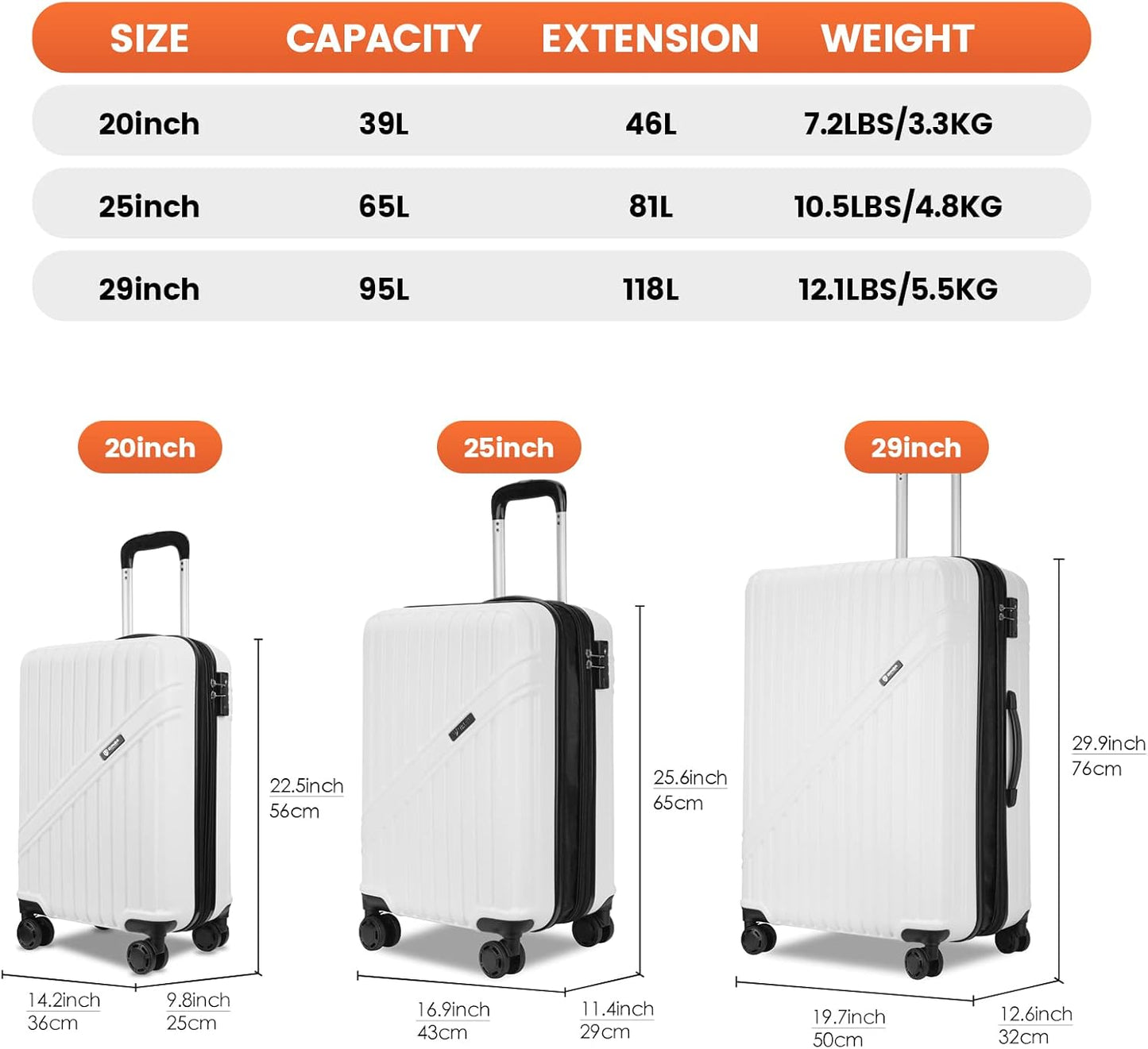 GinzaTravel Luggage Sets 3-Piece Expandable Suitcases with Wheels PC+ABS Durable Hardside Luggage sets TSA lock