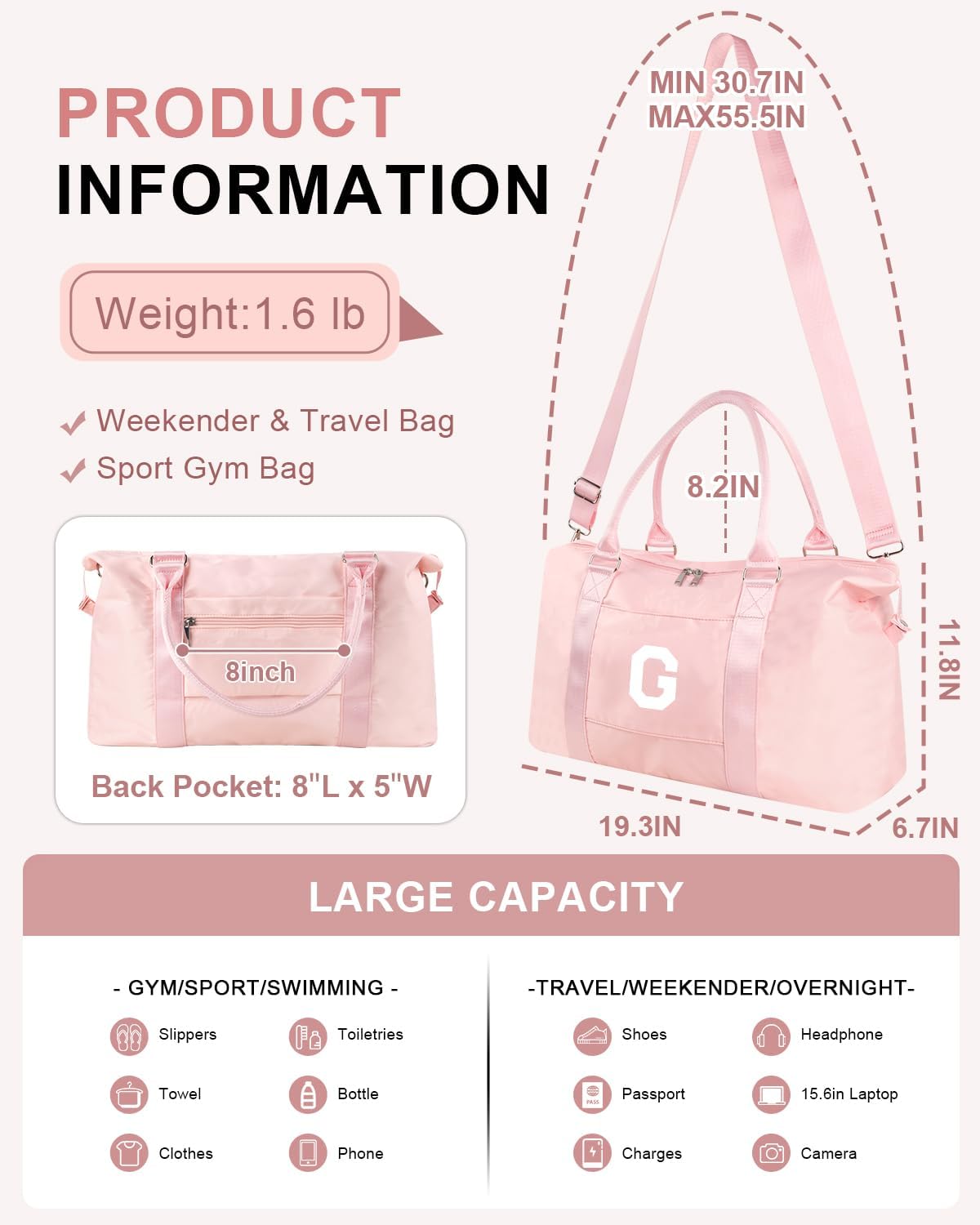 Initial Travel Duffel Bag Sports Gym Bag for Girls Teen Birthday Gifts,Pink Personalized Weekender Bag Carry On Tote Bags for Women Men,Waterproof Overnight Luggage Bag with Trolley Sleeve(Letter G)