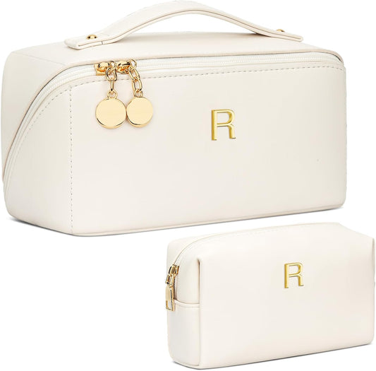 Birthday Gifts for Women Teen Girl, Personalized Initial Makeup Organizer Bag Set, Open Flat Travel Cosmetic Bag With Clear Divider and Handle(Beige,R)