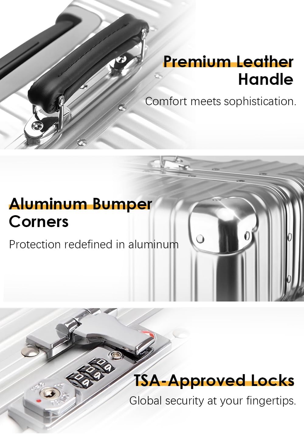 HotWay 28 Inch All Aluminum Checked in Luggage with Leather Handle, Hard Shell Zipperless Suitcase with TSA Locks and Spinner Wheels, Large Luggage for Business Travel, Gold