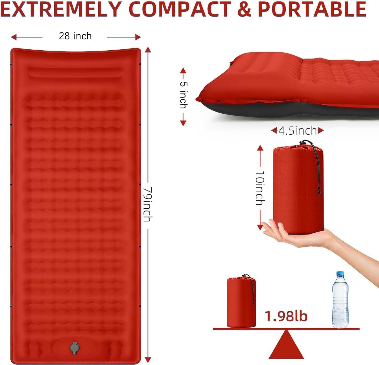Camping Sleeping Pad, Extra Thick 5 Inch Camping Mat with Pillow Built-in Foot Pump Inflatable Sleeping Pads Compact for Camping Backpacking Hiking Traveling Tent（Orange-Black）