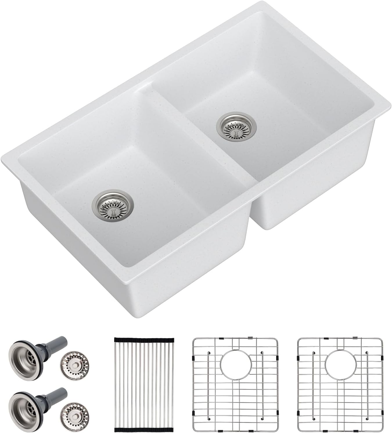 Dcolora 33 Inch Double Bowl Undermount Kitchen Sink White Deep Double Basin Prep Sink 50/50 Split Granite Composite 33"×19"×10“,#DC-GU001W