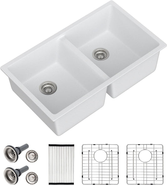 Dcolora 33 Inch Double Bowl Undermount Kitchen Sink White Deep Double Basin Prep Sink 50/50 Split Granite Composite 33"×19"×10“,#DC-GU001W
