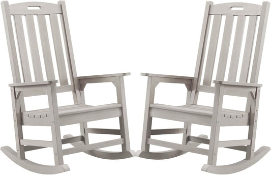 Psilvam Oversized Outdoor Rocking Chair Set of 2, Porch Rocker with 21" Wide Seat and 32" Tall Backrest, Pre-Assembled with Most Components for Effortless Installation (Grey)