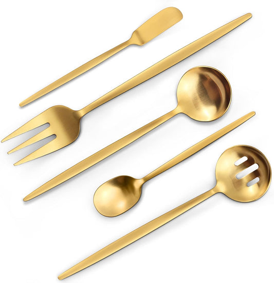Matte Gold Serving Silverware Set, 5-Piece Round Shared Utensils Set of Stainless Steel, Hostess Flatware Serving Set, Satin Finish, Dishwasher Safe