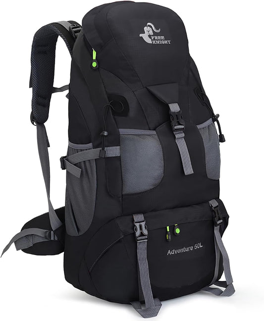 Bseash 50L Hiking Backpack, Water Resistant Lightweight Outdoor Sport Daypack Travel Bag for Camping Climbing Skiing Cycling (Black - No Shoe Compartment)