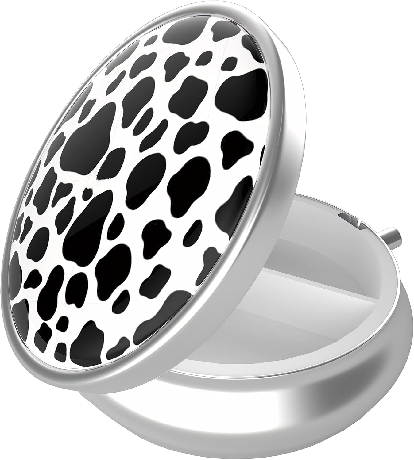 Pill Box, 3 Compartment Portable Travel Medicine Box with Mirror, Compact and Cute, Fits in Purse and Pocket, Medicine and Vitamin Organizer (Cow)