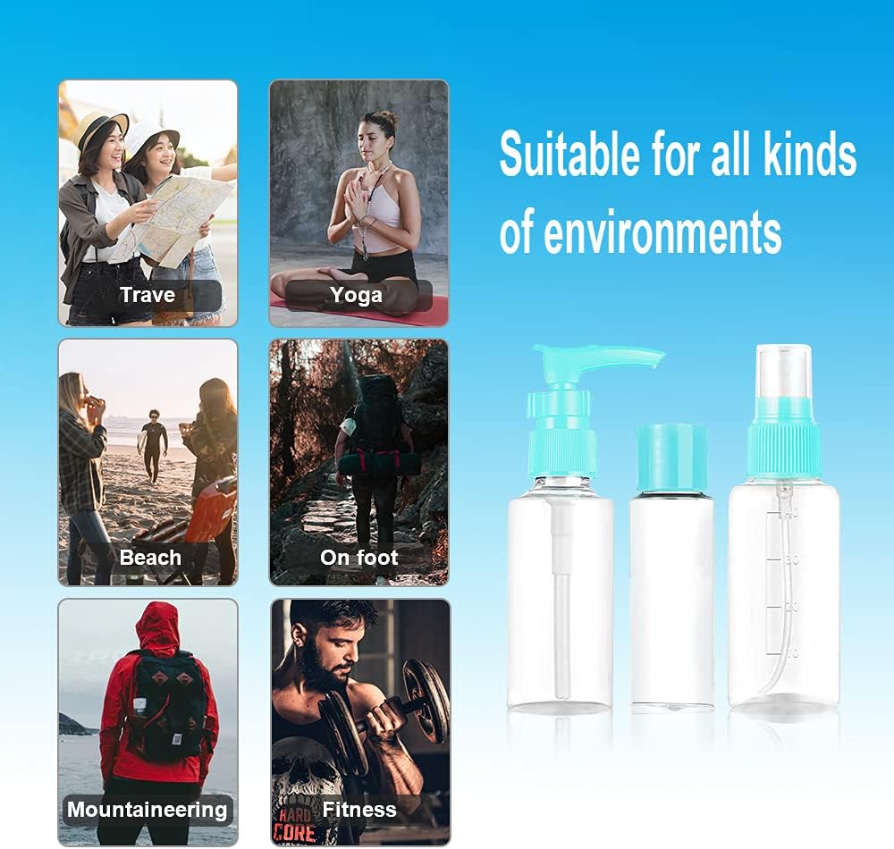 Vitog Travel Bottles Kit, TSA Approved Leak Proof Portable Toiletry Containers Set, Clear flight size PET Cosmetic Containers for Lotion, Shampoo, Cream, Soap, Set of 11 (Blue+Plastic)
