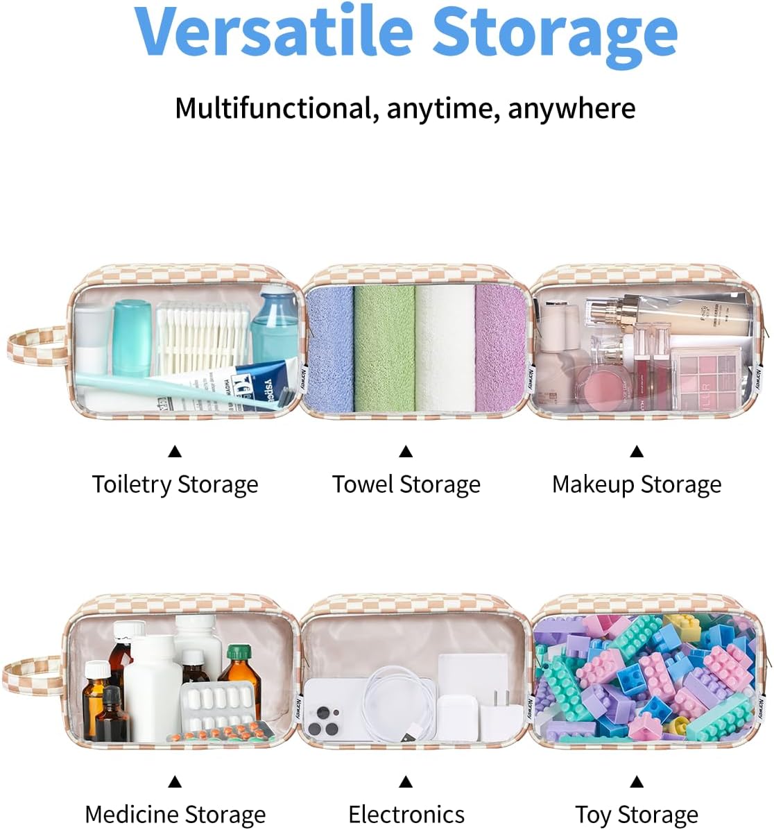 Narwey Clear Toiletry Bags for Traveling Women Men, Clear Travel Bags for Toiletries Makeup Bag Cosmetic Bag with Zipper, Make Up Organizer, Skincare Bag (Light Checkerboard)