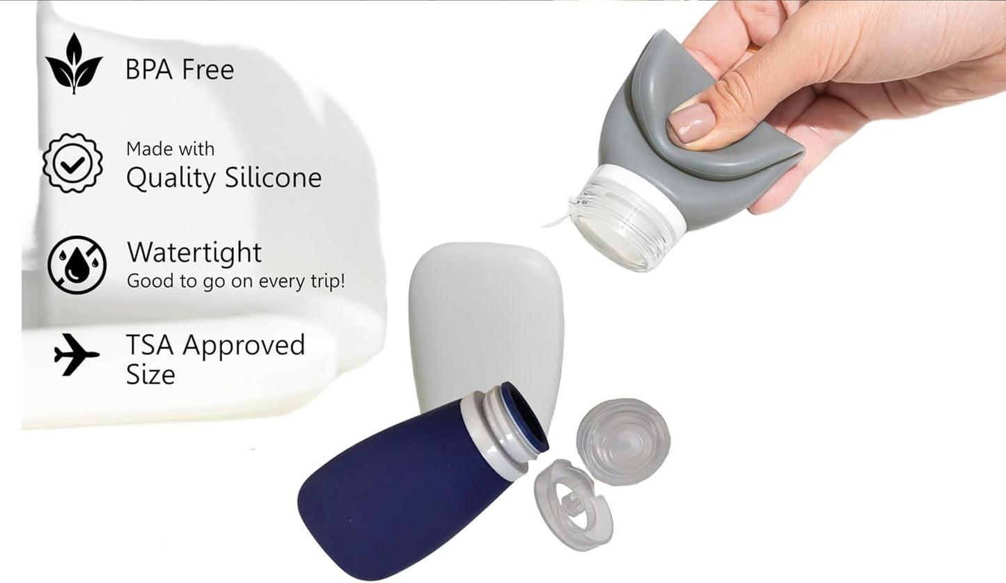 Travel Bottles for Toiletries, TSA Approved 3oz Leak Proof Silicone Refillable Squeeze Travel Size Containers BPA Free for Cleansers, Lotions, Shampoo 4pk color (P,G,Blk,Blue)
