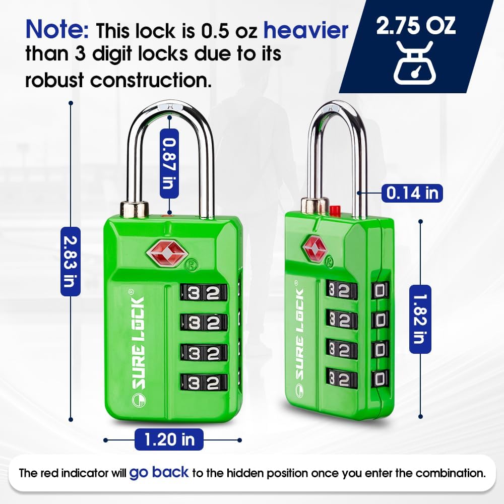 SURE LOCK TSA Approved 4-Digit Resettable Combination Luggage Locks with Open Alert, Easy-Read Dials - for Luggage, School Lockers, Gym, Office, Toolbox & Security Cases(Green 2 Pack)