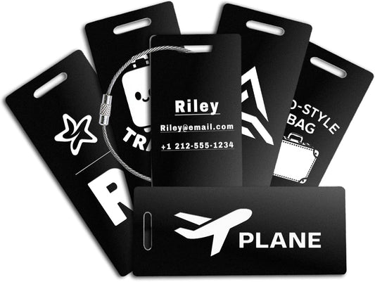 4PCS Personalized Luggage Tags for Travel Durable Aluminium Luggage Tags for Suitcases Custom Bag Tags for Backpacks Heavy Duty Personalized Name Tags for Birthday Gifts(Large,Black)