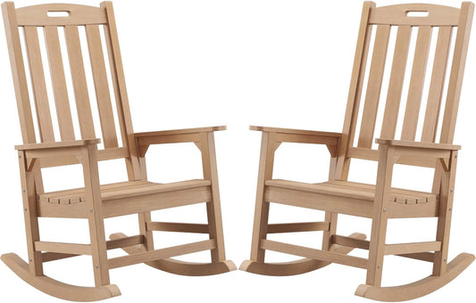 Psilvam Oversized Outdoor Rocking Chair Set of 2, Porch Rocker with 21" Wide Seat and 32" Tall Backrest, Pre-Assembled with Most Components for Effortless Installation (Teak Color)