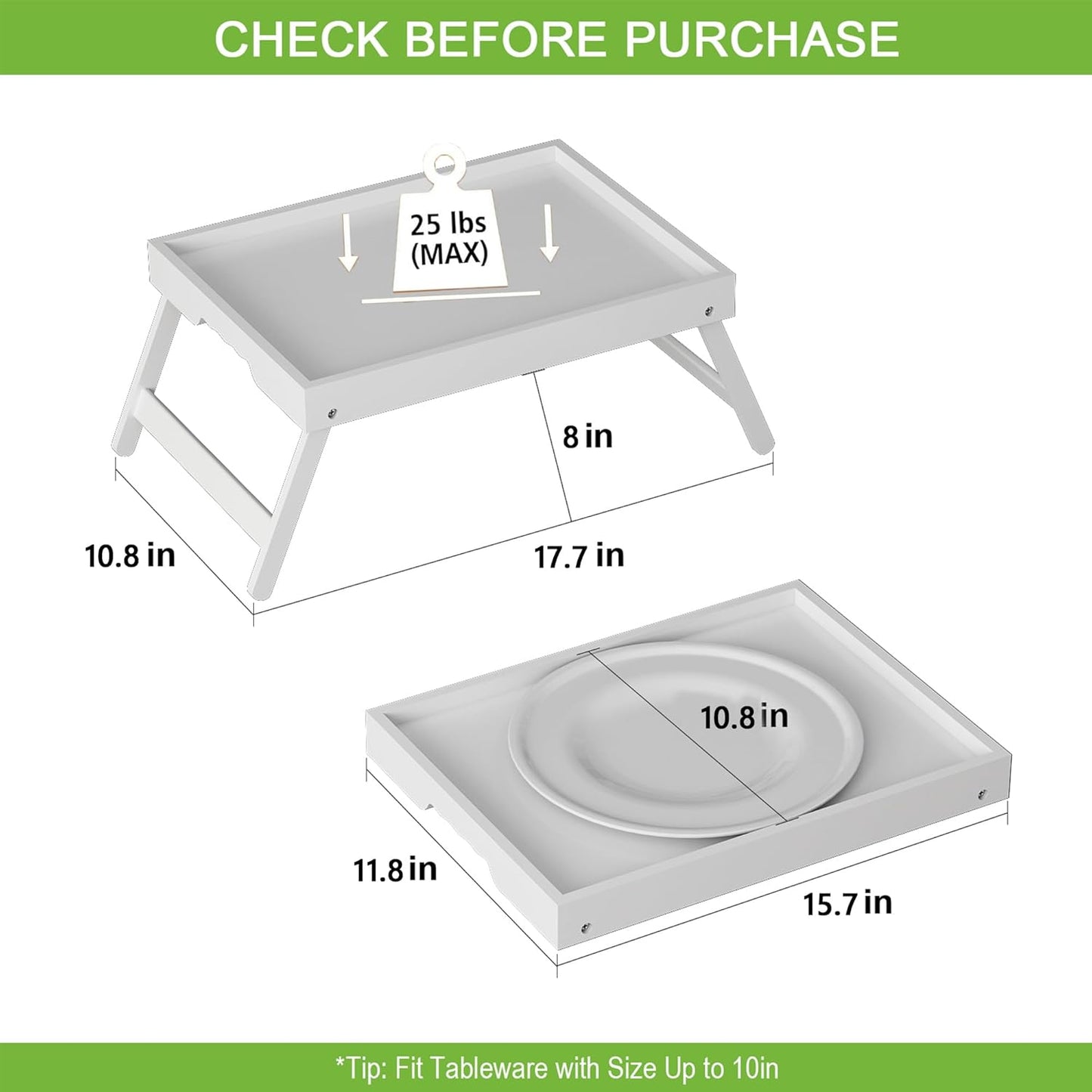 Bed Tray Table with Folding Legs, Bamboo Breakfast in Bed for Kitchen Serving Tray, Sofa, Eating, Used As Laptop Desk Snack Tray (4 Pack, White Color)