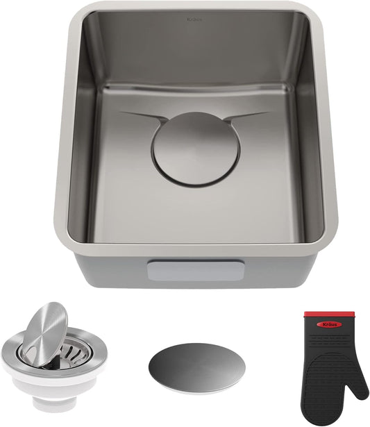 KRAUS Dex 17-Inch Undermount Single Bowl TRU16 Gauge Stainless Steel Kitchen Bar Sink with DrainAssure WaterWay and VersiDrain Assembly in Radiant Pearl Finish, KD1US17B