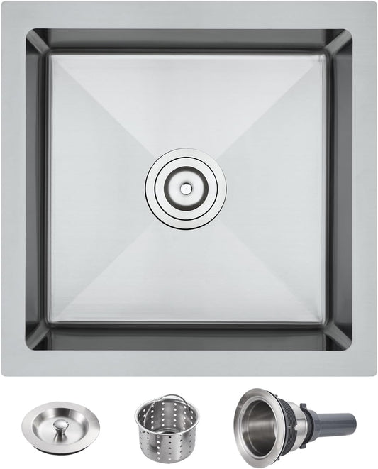 POPFLY 18 x 18 Inch Undermount Kitchen Sinks, Stainless Steel Single Bowl 9 Inches Deep Utility Small Bar or Prep Sinks, Brushed Nickel Laundry Room Sink（18×18×9）