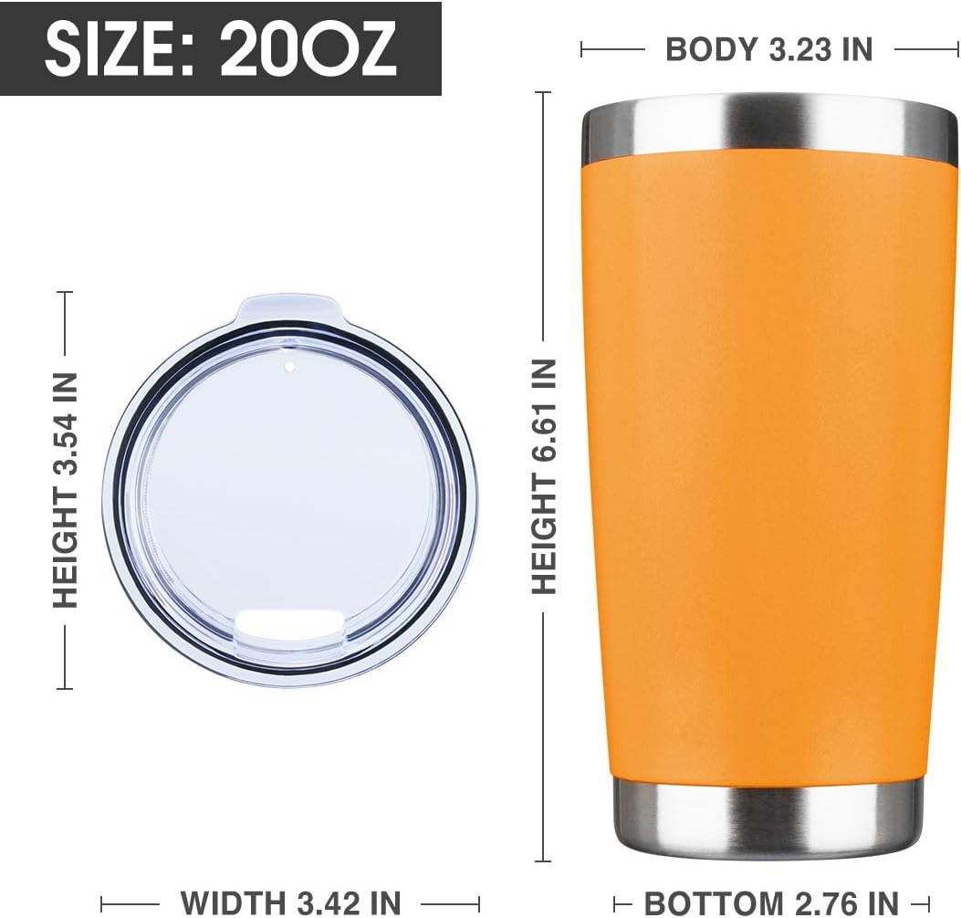 20oz Tumbler Bulk Stainless Steel Vacuum Insulated Tumblers with Lid Double Wall Travel Mug, Durable Powder Coated Coffee Cup, Suitable for Ice Drinks and Hot Beverage (Orange 6pack)