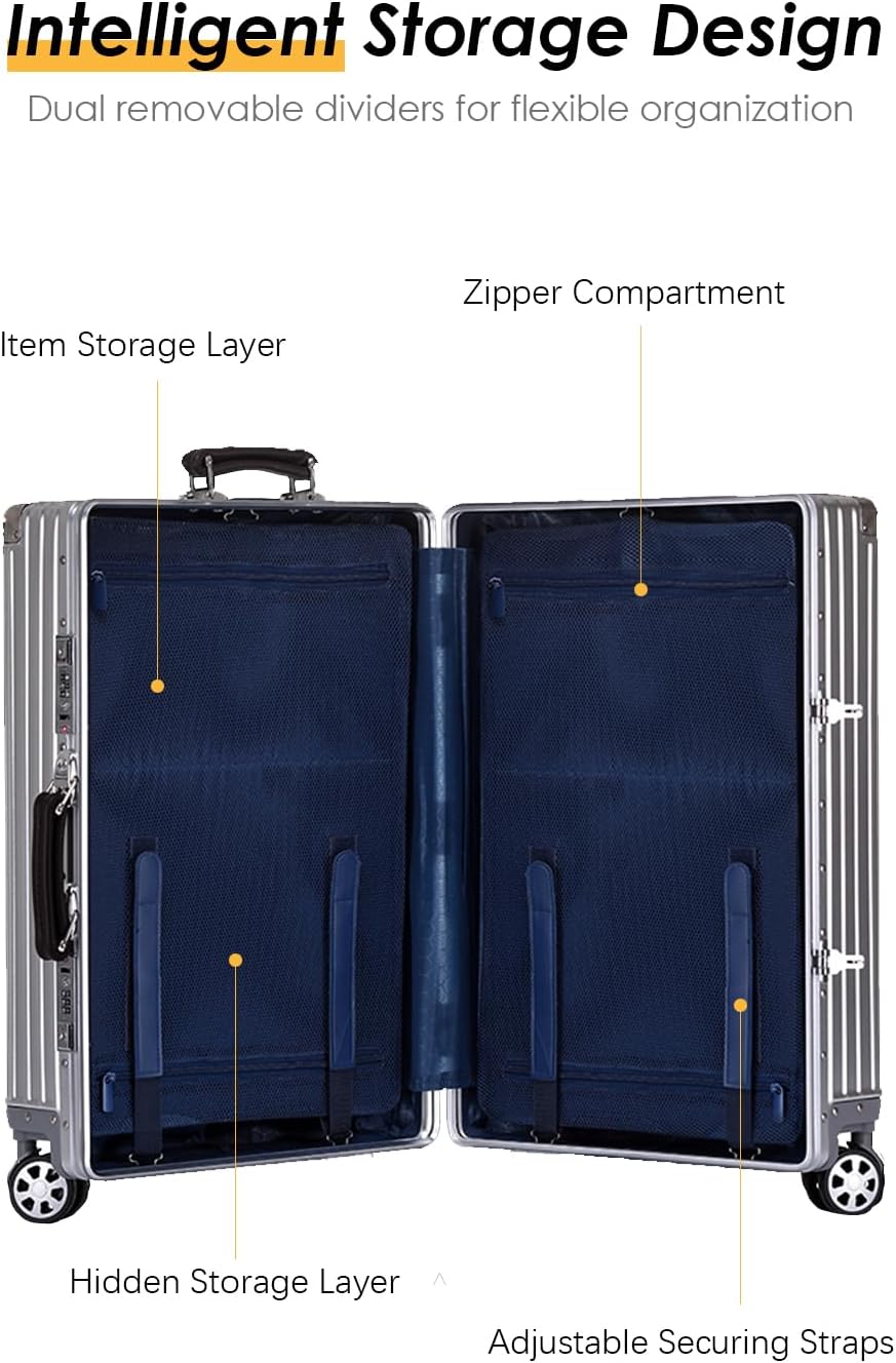 HotWay 28 Inch All Aluminum Checked in Luggage with Leather Handle, Hard Shell Zipperless Suitcase with TSA Locks and Spinner Wheels, Large Luggage for Business Travel, Gold