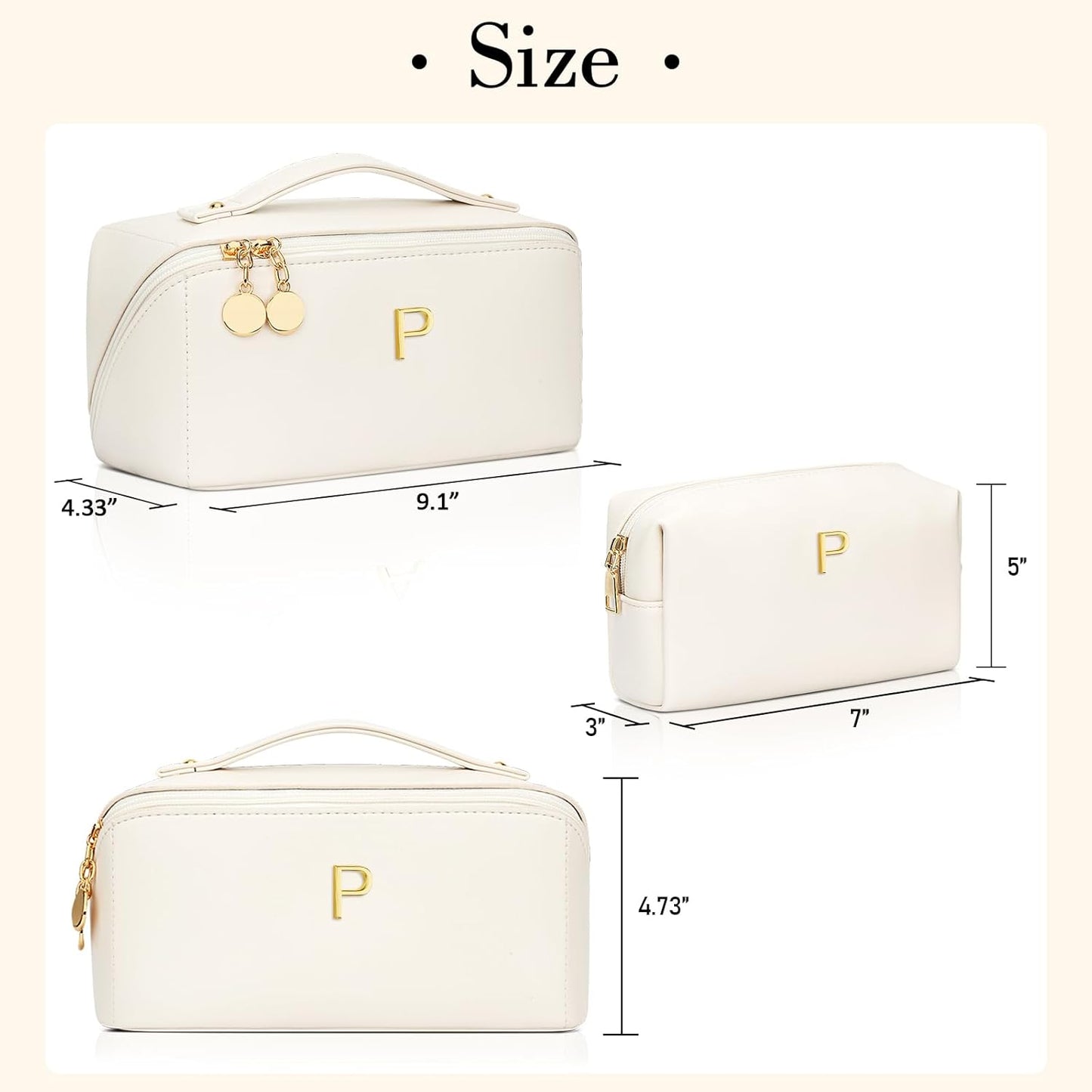 Birthday Gifts for Women Teen Girl, Personalized Initial Makeup Organizer Bag Set, Open Flat Travel Cosmetic Bag With Clear Divider and Handle(Beige,P)