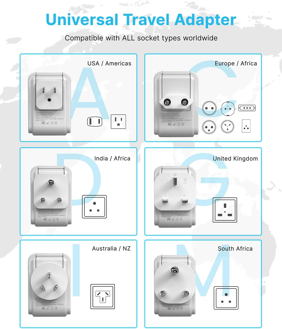 VINTAR Universal Travel Adapter Kit, 0.5ft Detachable Extension Cord with 4 AC Outlets & 3 USB(2 USB C), Type A/C/G/D/I/M International Power Adaptor for US to Europe UK India South Africa Japan