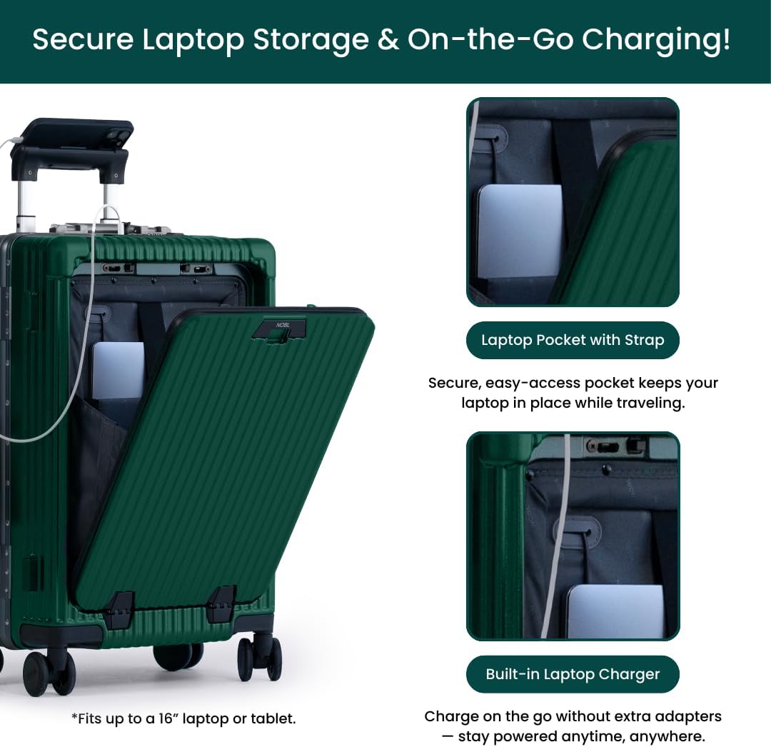 Nobl Travel Carry On Luggage, Noble Zipperless Aluminum Frame PC Hard Shell Suitcase, 22.5x15x9.5 Airline Approved, 360° Spinner Wheels, TSA Locks, USB Charging Port, Cup & Phone Holder -Forest Green