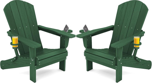 SERWALL Adirondack Chair with Cup Holders - Composite Adirondack Chairs Set of 2 HDPE Outdoor Chairs All Weather Use- Green