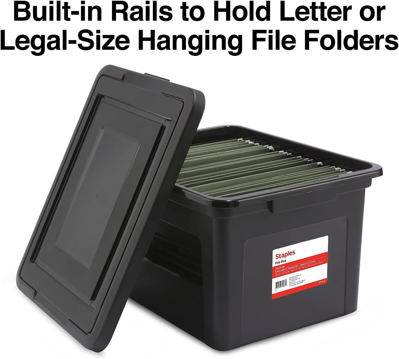 STAPLES Hanging File Folder Box, Storage Bin Organizer, Snap Lid, Letter & Legal Size Documents, Black