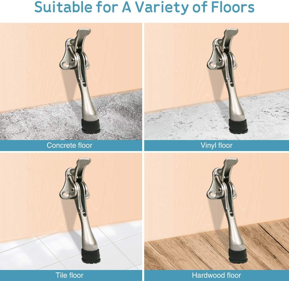 Door Stopper, One-Touch semi-Automatic Metal Door Stopper, with Non-Slip Rubber Tip for Wood, Concrete, Tiled, and Carpeted Floors (4inch x 2pack, Satin Nickel)