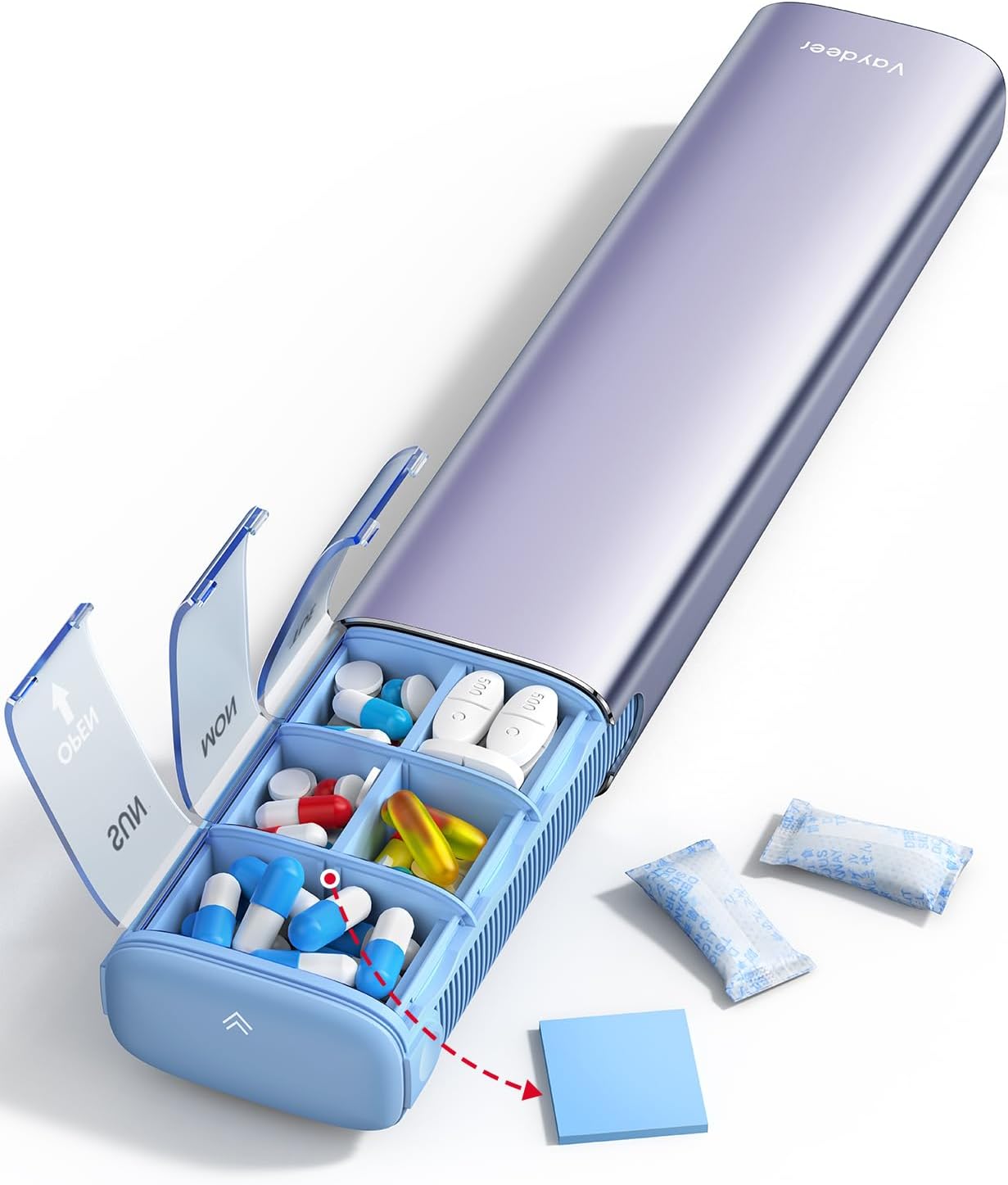 Vaydeer 7 Day Weekly Pill Organizer (Support 2 Times a Day), Metal Travel Pill Case, Large Capacity Daily Cute Pill Box for Supplements, Pills, Vitamins and Medication (Purple), 8.3*2.1*1.2 Inch