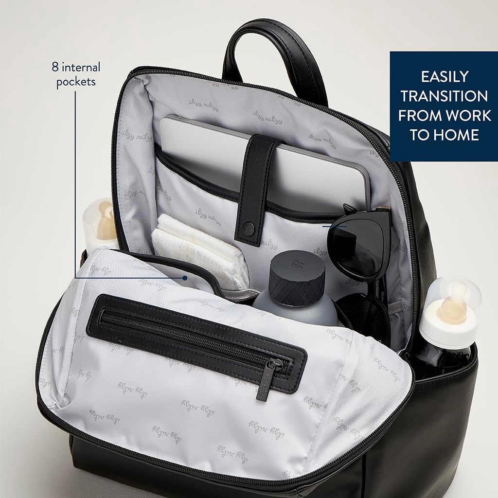 Itzy Ritzy Eras Diaper Bag Backpack – Large Capacity Sleek Daddy Diaper Bag for Men Featuring Neutral Design, 15 Pockets, Changing Pad, Stroller Straps, and Comfortable Backpack Straps, Black