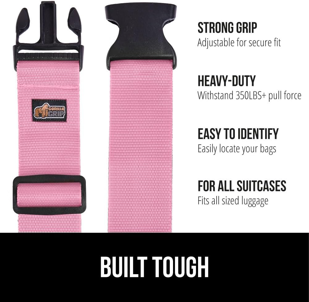 GORILLA GRIP Heavy Duty Adjustable Luggage Straps for Suitcases, Easy to Identify Travel Belt Connector Holds Suitcase Together, Extends Life of Bag, Strap Connects Two Bags, Accessories 2 Pack Pink
