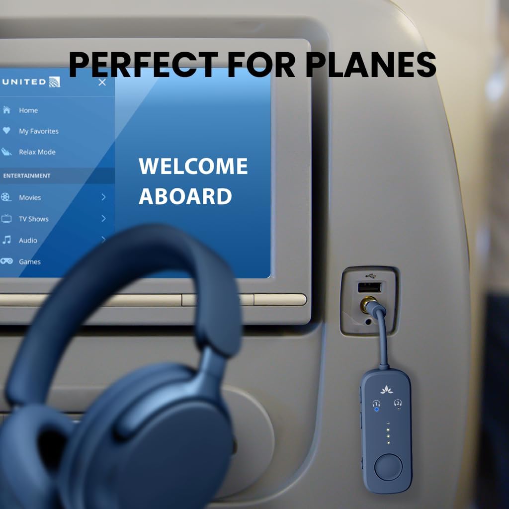 Avantree Relay - Airplane Bluetooth 5.3 Adapter with Qualcomm aptX Adaptive, Supports 2 AirPods or Headphones, 20Hr Playtime, 3.5mm AUX Wireless Audio Transmitter for Travel Flight, Airline, Gym