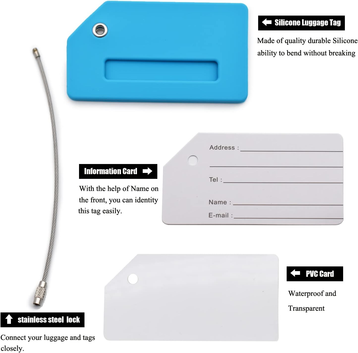 7 Pack Silicone Luggage Tag Baggage Handbag Travel Bag Tags with Name ID Card Perfect to Quickly Spot Luggage Suitcases (Blue)
