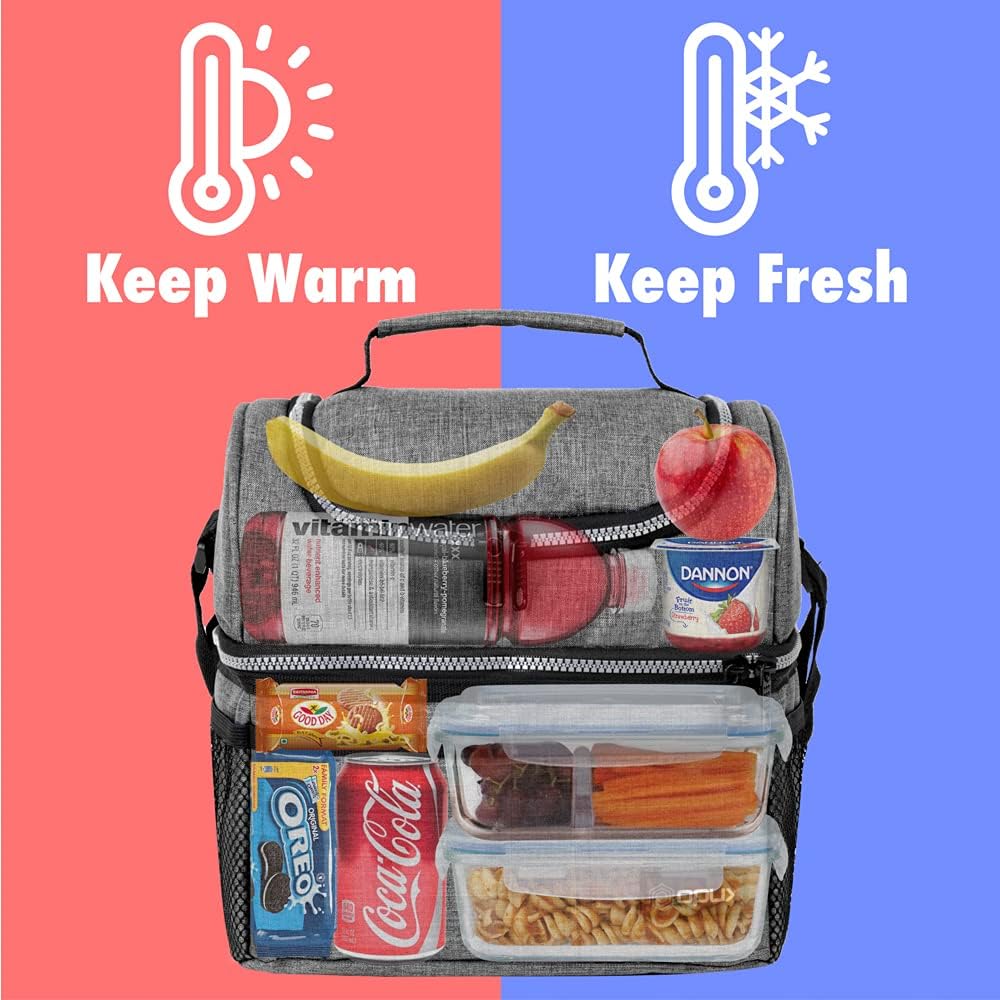 OPUX Lunch Box For Men Women, Insulated Large Lunch Bag Adult Work, Double Decker Lunchbox Meal Prep Dual Compartment Leakproof Lunch Cooler, Soft Lunch Pail Tote Boys Girls Kids School, Heather Gray