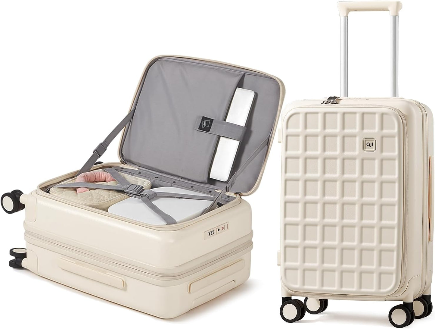 aji Expandable Top Opening Carry On Luggage Airline Approved, 20 Inch Lightweight Hardside Carry On Suitcase with Spinner Wheels, Travel Luggage with Laptop Compartment for Women Men, Coconut White