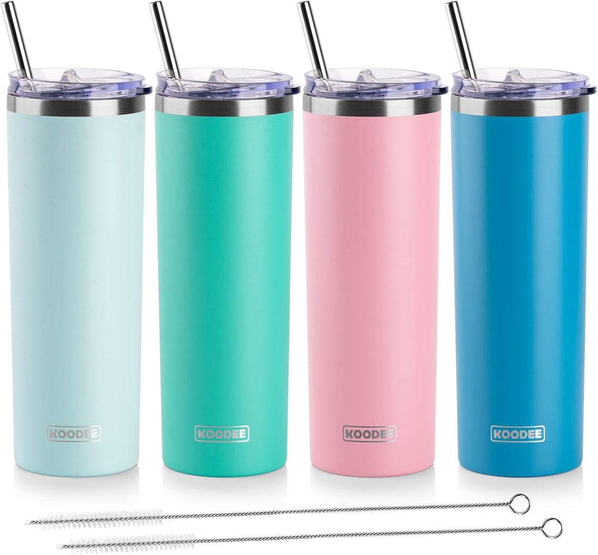 koodee 20 oz Stainless Steel Skinny Tumbler(4 Pack) Double Wall Insulated Water Tumbler Cup with Lids, Straws and Straw Brushe（Baby Blue/Pink/Sky Blue/Teal）